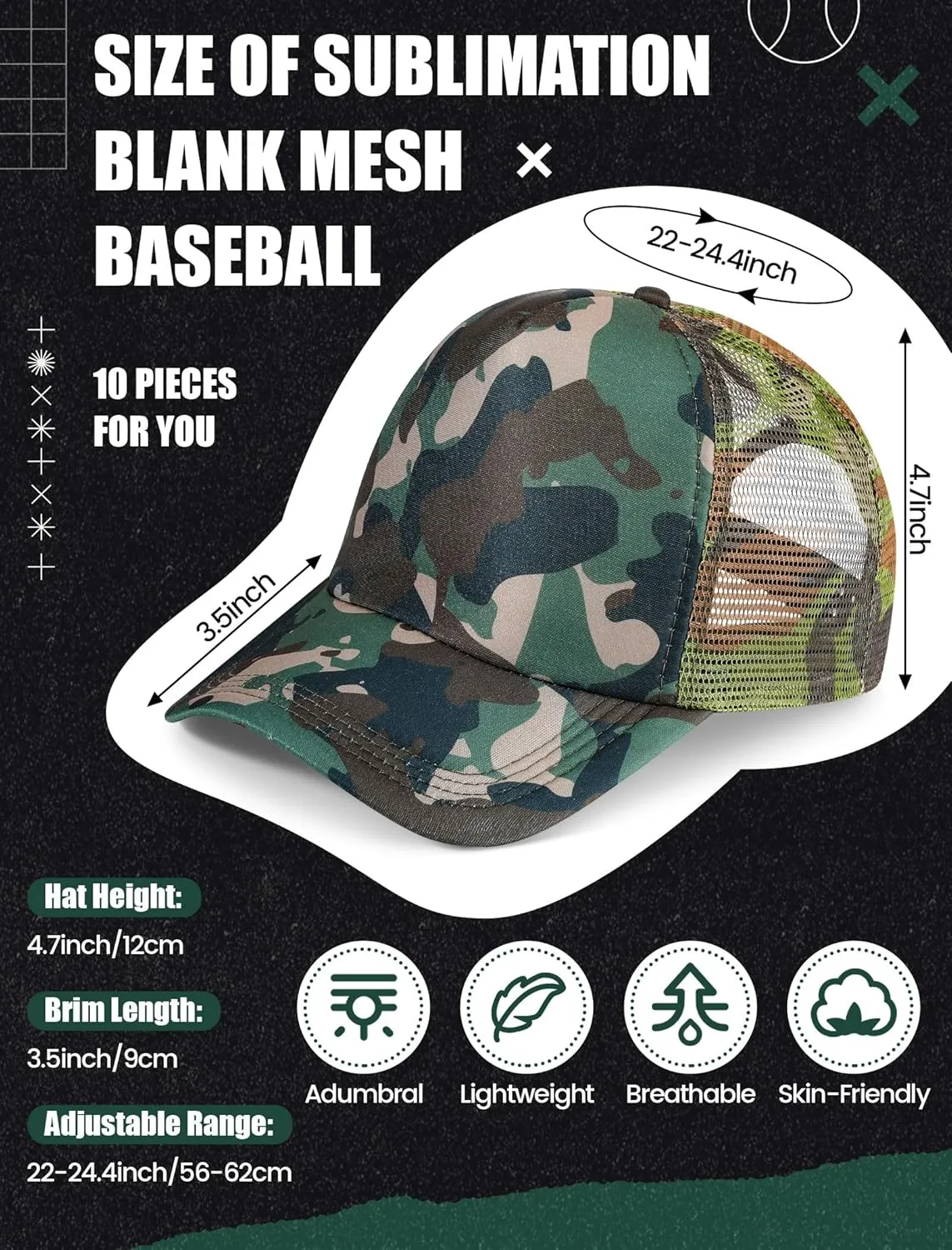 10 Pcs Sublimation Blank Trucker Hats Bulk Mesh Baseball Cap Polyester Mesh Trucker Hat for Men and Women