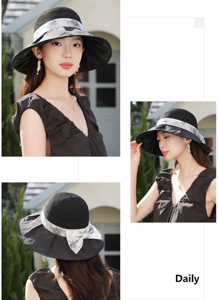 2025 Women's Elegant Bow Sun Hat Wide Brim UV Protection Visor Hat Foldable Bucket Hats Summer Beach Garden Caps