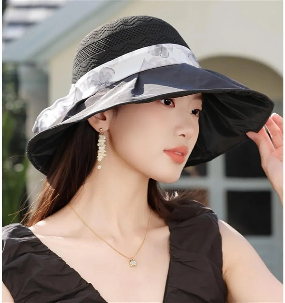 2025 Women's Elegant Bow Sun Hat Wide Brim UV Protection Visor Hat Foldable Bucket Hats Summer Beach Garden Caps