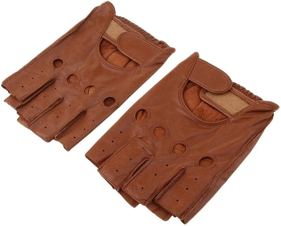 AAGAZA Men Women Goth Thin Faux Leather Fingerless Driving Cycling Short Gym Gloves Birthday Gift (Color : Brown Hook Loop, Size : Large)