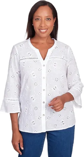 Alfred Dunner Women's in Full Bloom Butterfly Eyelet Button Front Shirt
