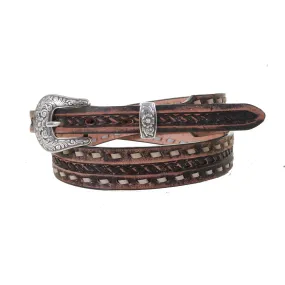 B1159 -  Brown Vintage Tooled Narrow Belt