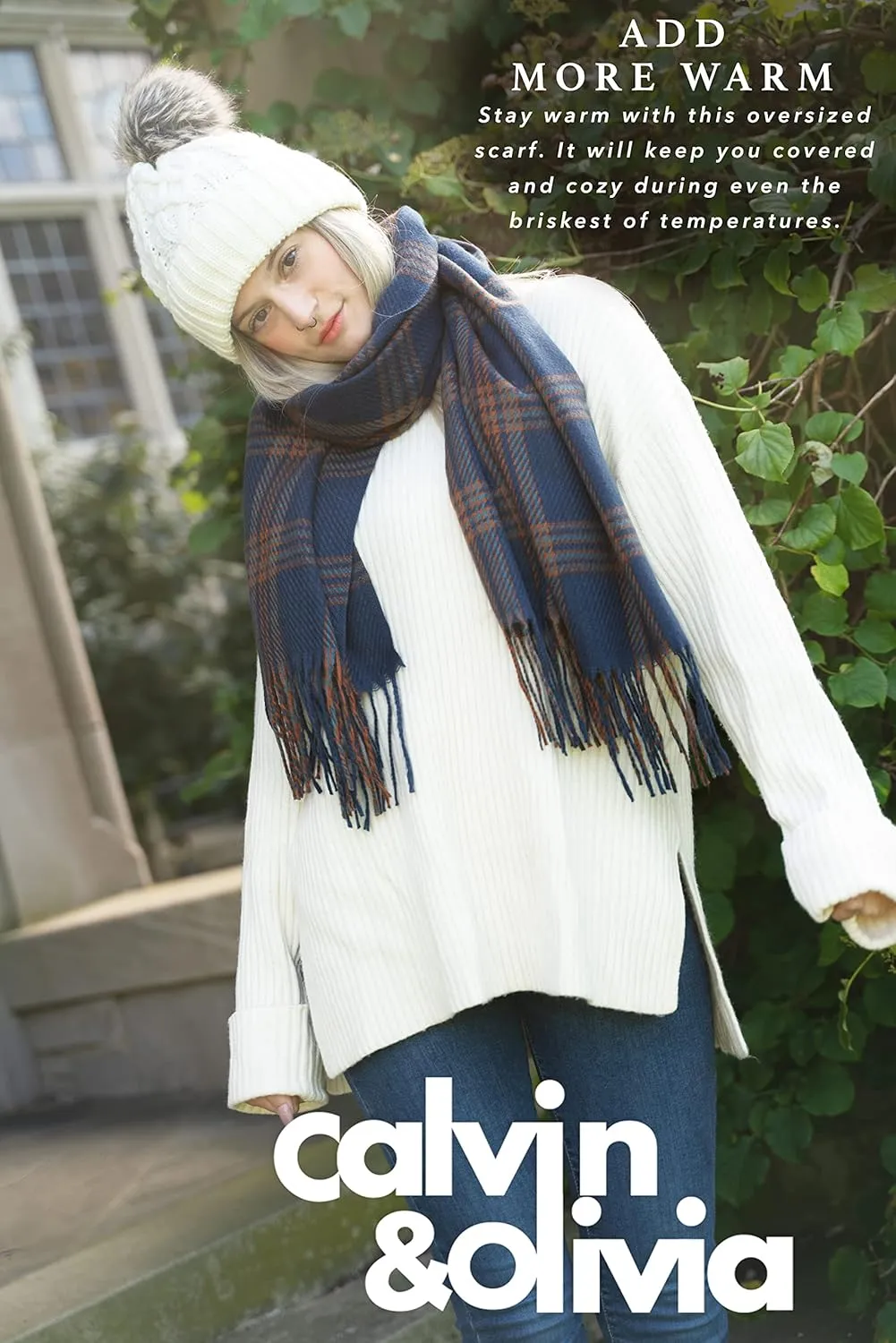 CALVIN & OLIVIA Women's Fall Winter Scarf Thick Classic Plaid Scarf Wrap Warmth Soft Oversized Cashmere Feel Scarves