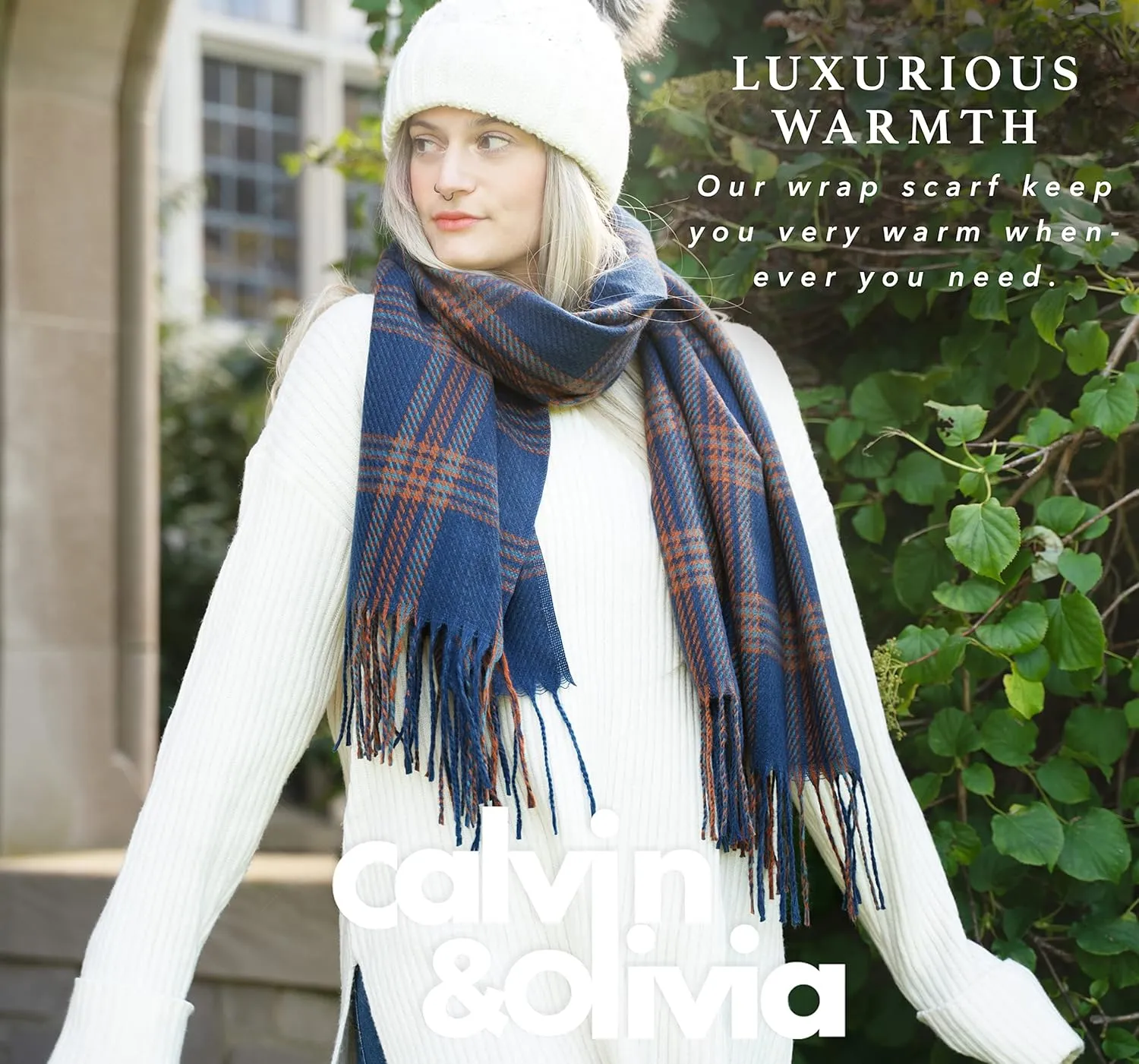 CALVIN & OLIVIA Women's Fall Winter Scarf Thick Classic Plaid Scarf Wrap Warmth Soft Oversized Cashmere Feel Scarves