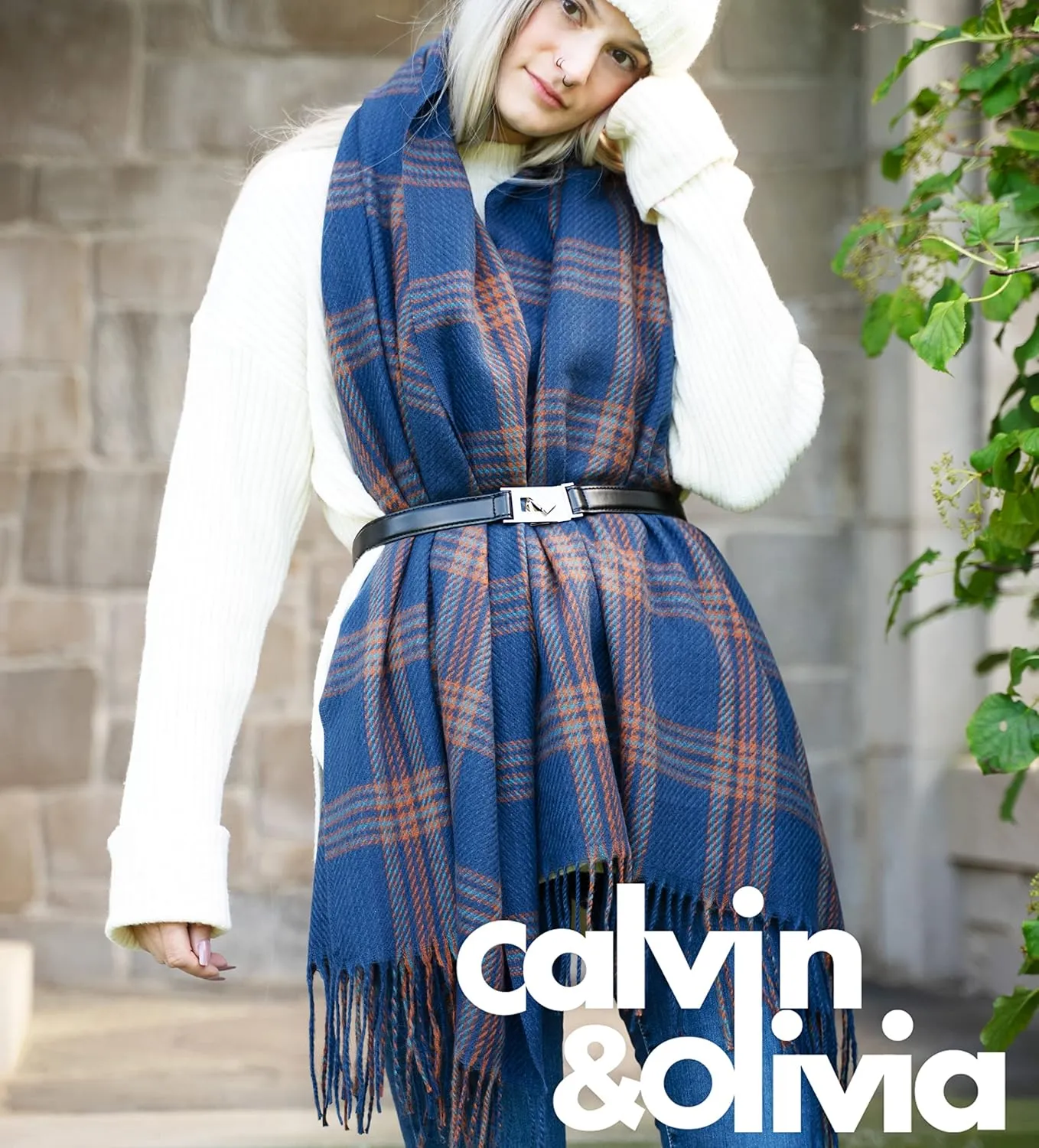 CALVIN & OLIVIA Women's Fall Winter Scarf Thick Classic Plaid Scarf Wrap Warmth Soft Oversized Cashmere Feel Scarves