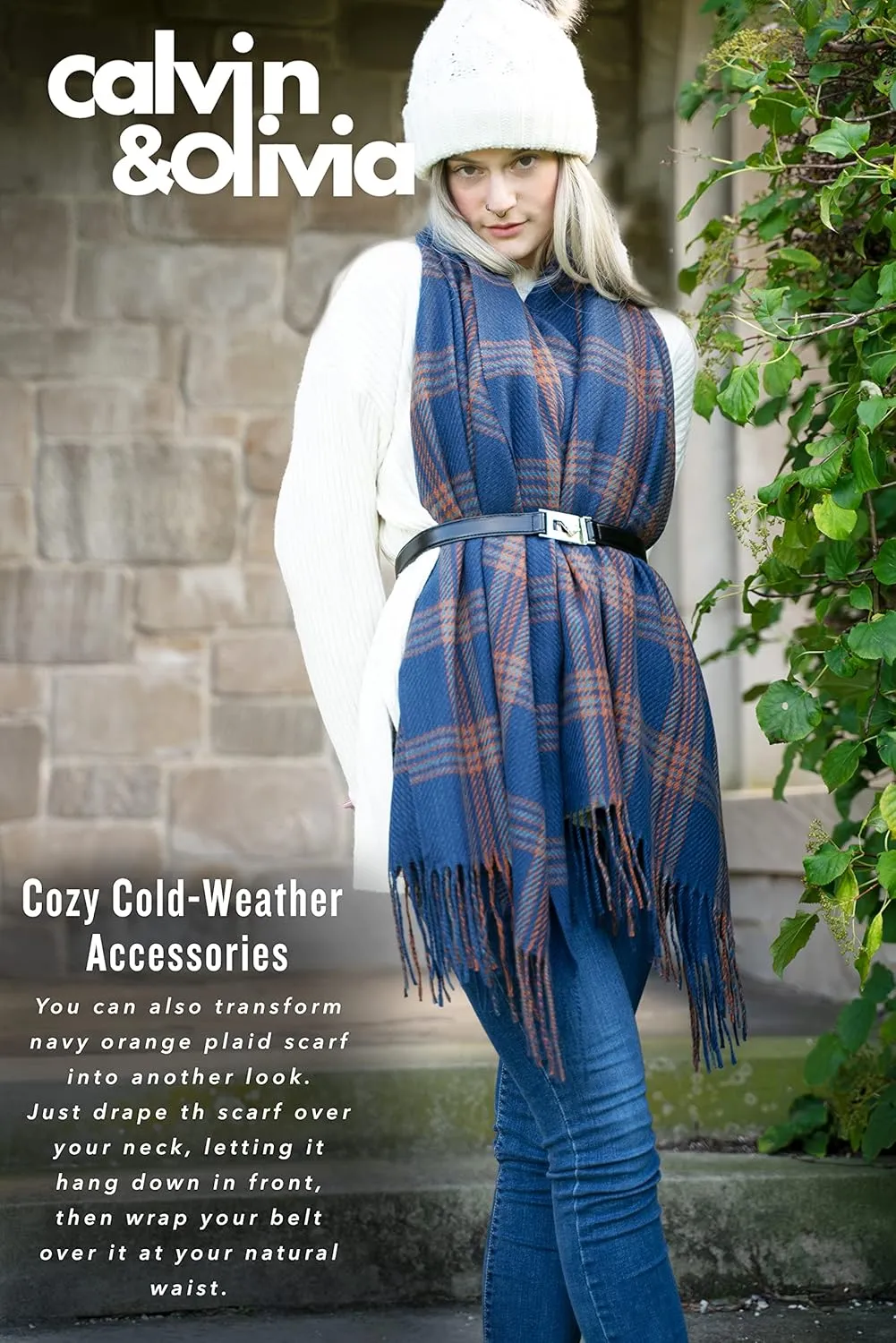 CALVIN & OLIVIA Women's Fall Winter Scarf Thick Classic Plaid Scarf Wrap Warmth Soft Oversized Cashmere Feel Scarves