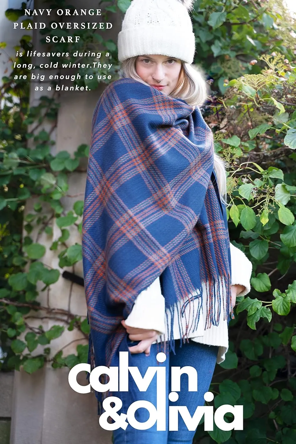 CALVIN & OLIVIA Women's Fall Winter Scarf Thick Classic Plaid Scarf Wrap Warmth Soft Oversized Cashmere Feel Scarves