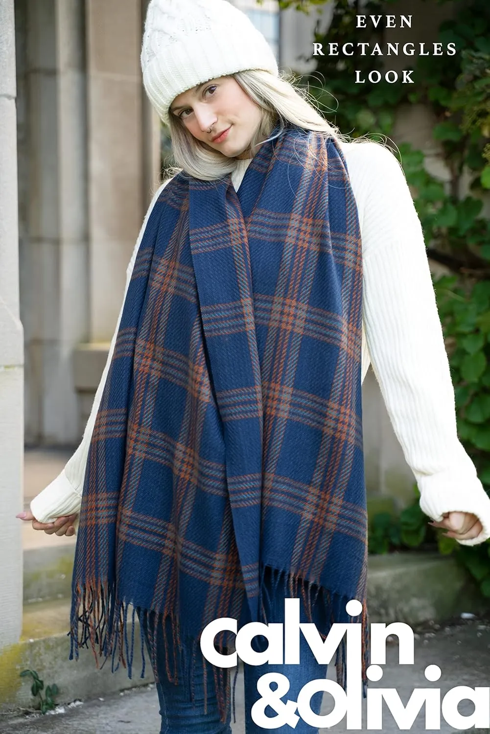 CALVIN & OLIVIA Women's Fall Winter Scarf Thick Classic Plaid Scarf Wrap Warmth Soft Oversized Cashmere Feel Scarves