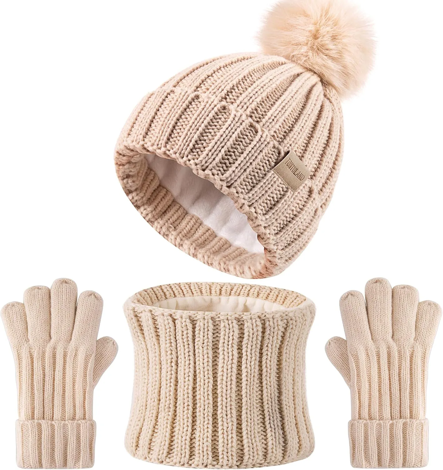 Children Winter Beanie Hat Scart Gloves Set, Kids Fleece Lined Knitted Woollen Pompom Hat for Boys Girls Toddler 3-9 Years