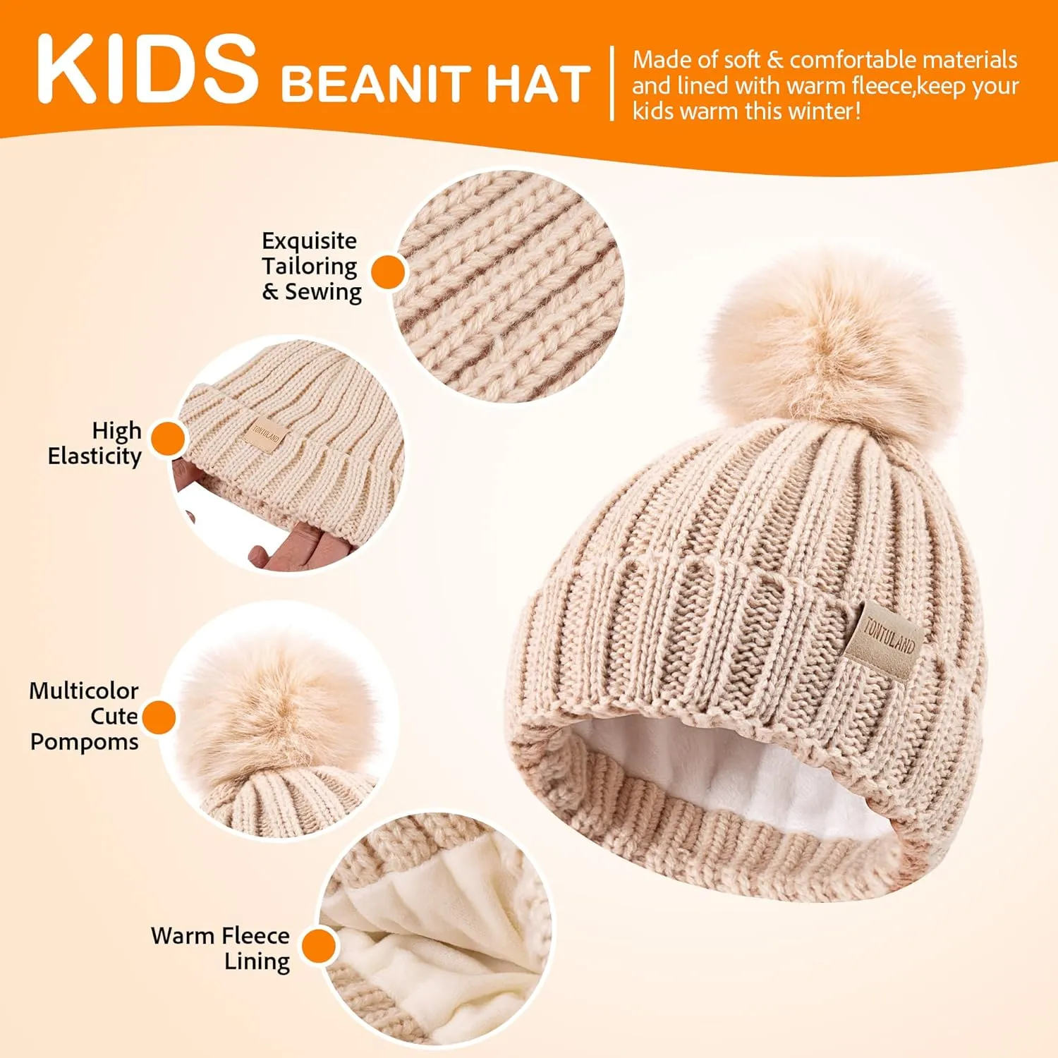 Children Winter Beanie Hat Scart Gloves Set, Kids Fleece Lined Knitted Woollen Pompom Hat for Boys Girls Toddler 3-9 Years