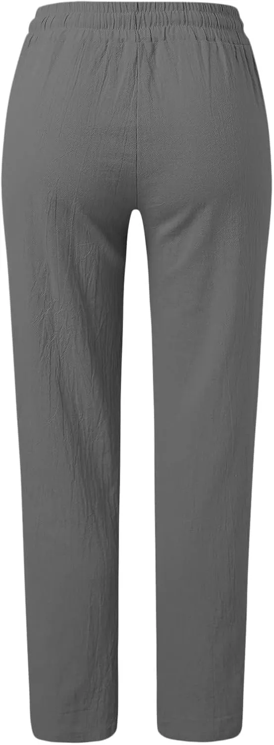 Cotton Linen Pants Women Plus Size Drawstring High Waisted Palazzo Pants Straight Leg Sweatpants Trousers