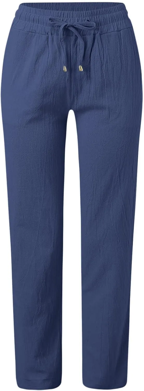 Cotton Linen Pants Women Plus Size Drawstring High Waisted Palazzo Pants Straight Leg Sweatpants Trousers