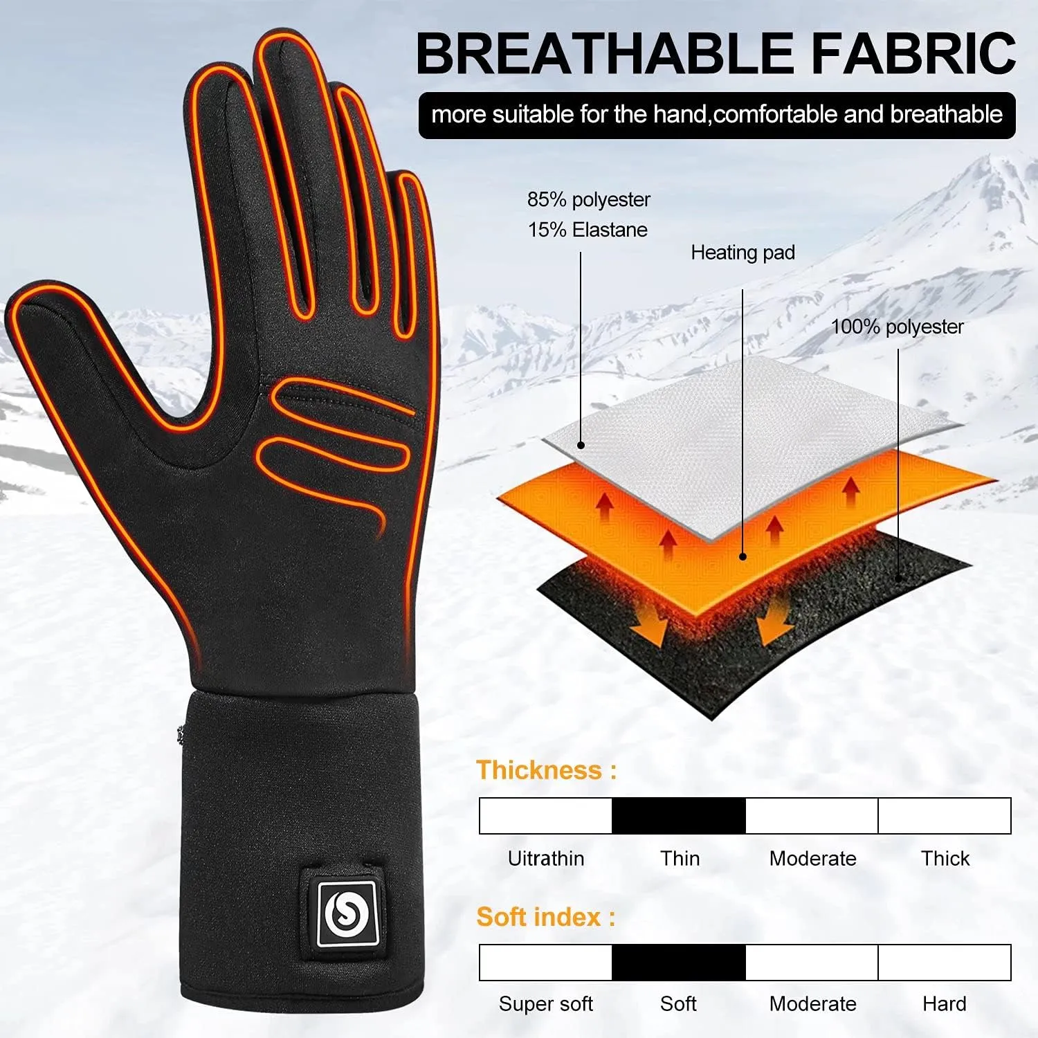 Heated Glove Liners for Men Women,Electric Battery Heated Gloves Rechargeable Thin Heated Work Gloves