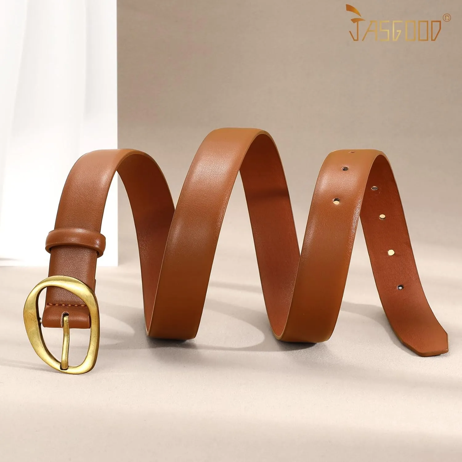 JASGOOD Leather Belts for Women Casual Fashion Waist Belt with Gold Buckle Ladies for Jeans Pants Dresses
