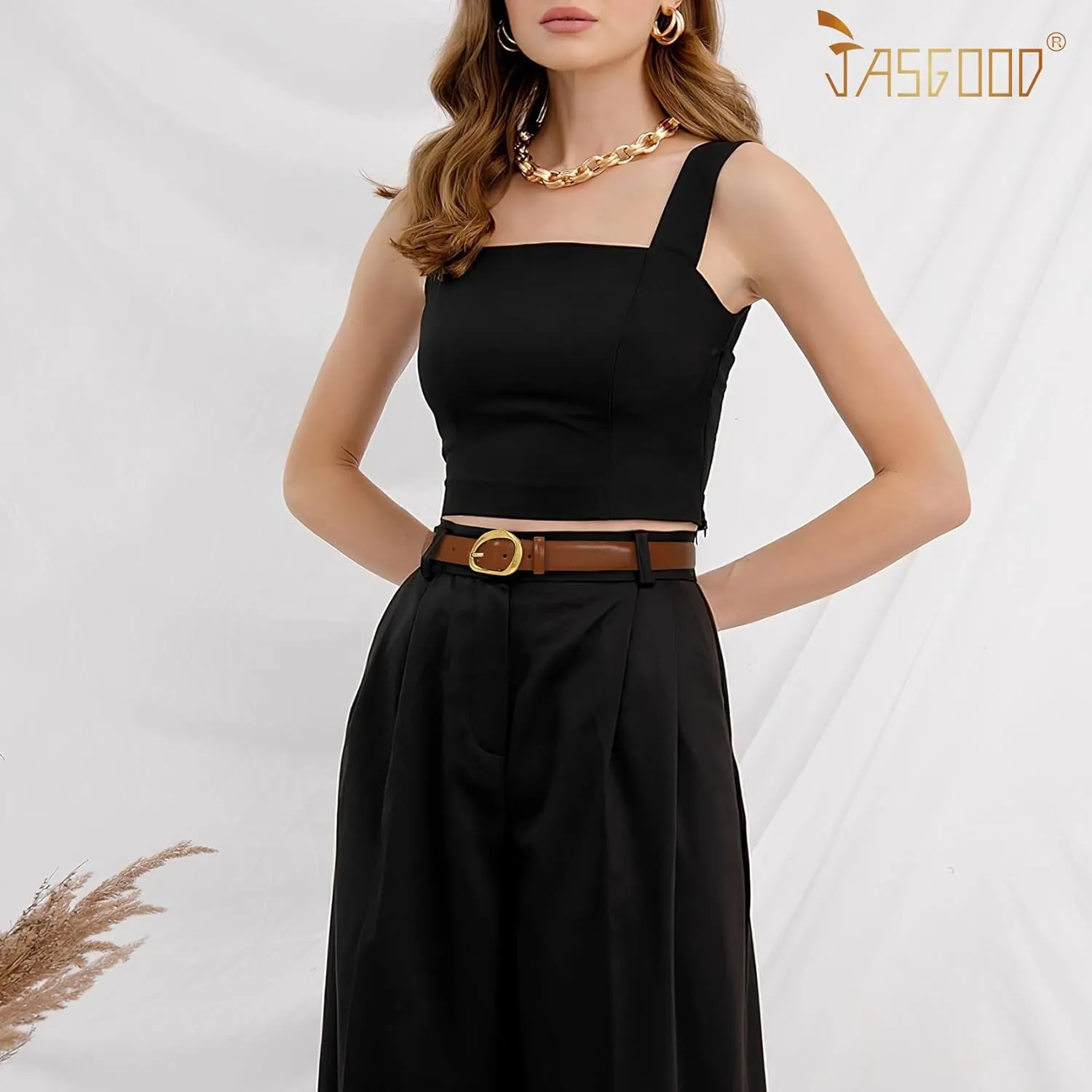 JASGOOD Leather Belts for Women Casual Fashion Waist Belt with Gold Buckle Ladies for Jeans Pants Dresses