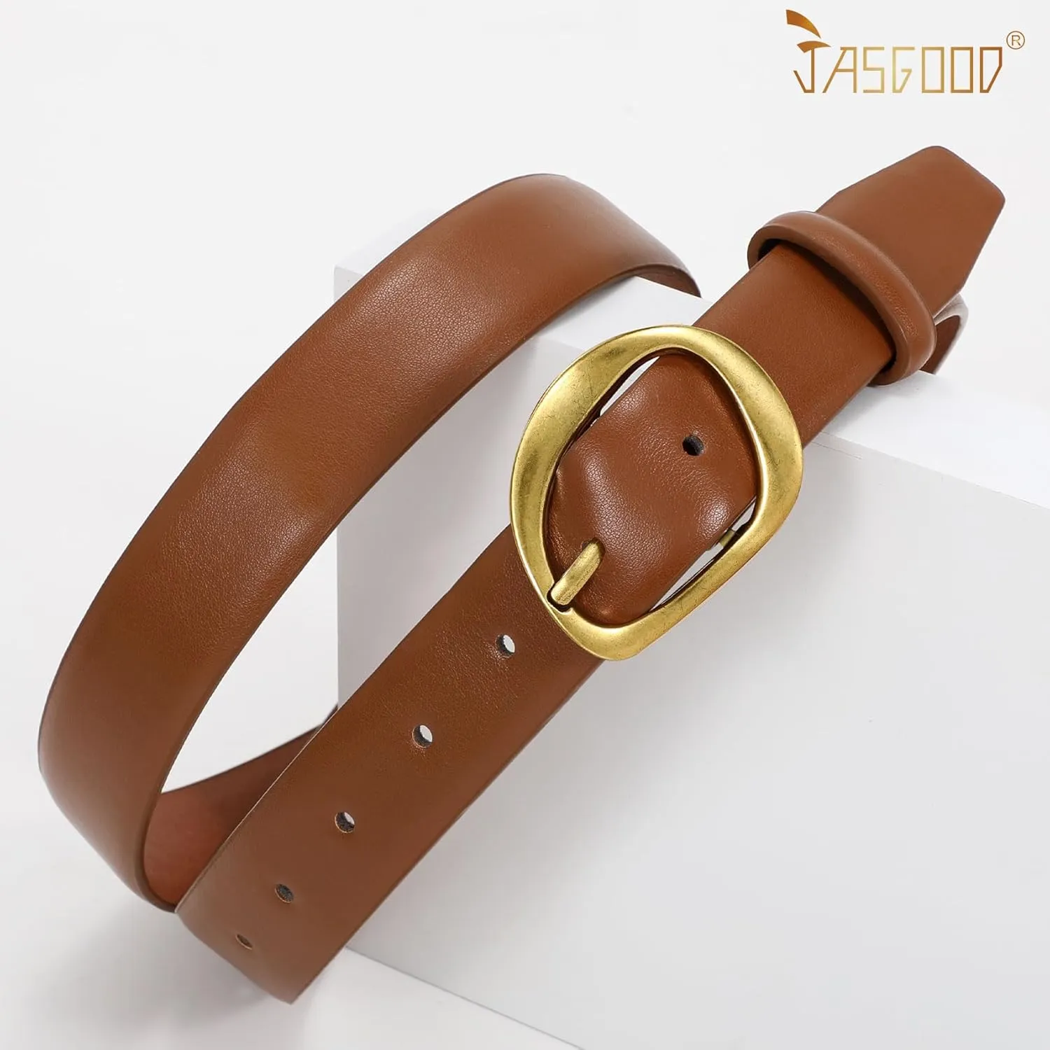 JASGOOD Leather Belts for Women Casual Fashion Waist Belt with Gold Buckle Ladies for Jeans Pants Dresses