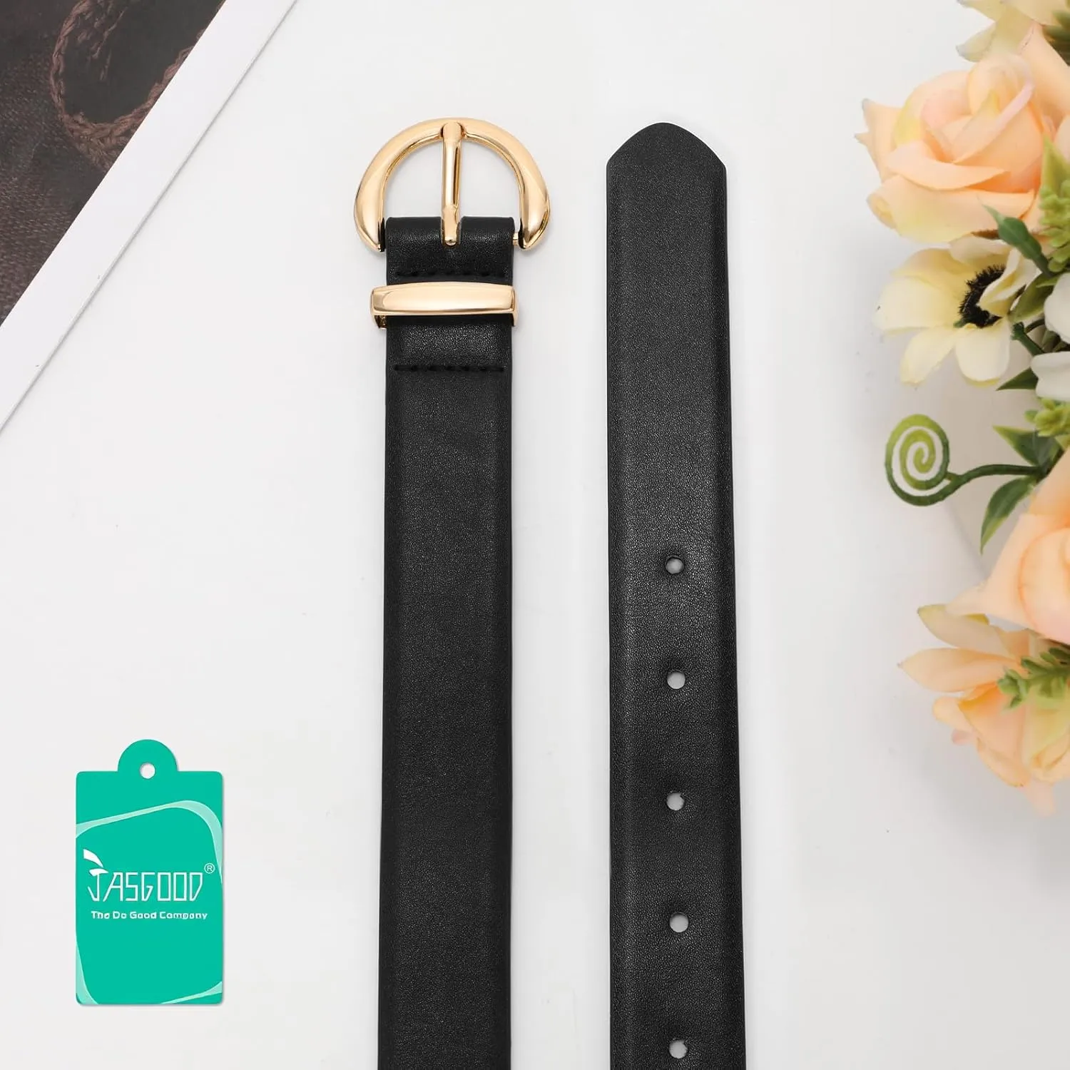 JASGOOD Women Leather Belt Fashion Ladies Waist Belt for Jeans Casual Faux Leather Belt with Gold Buckle