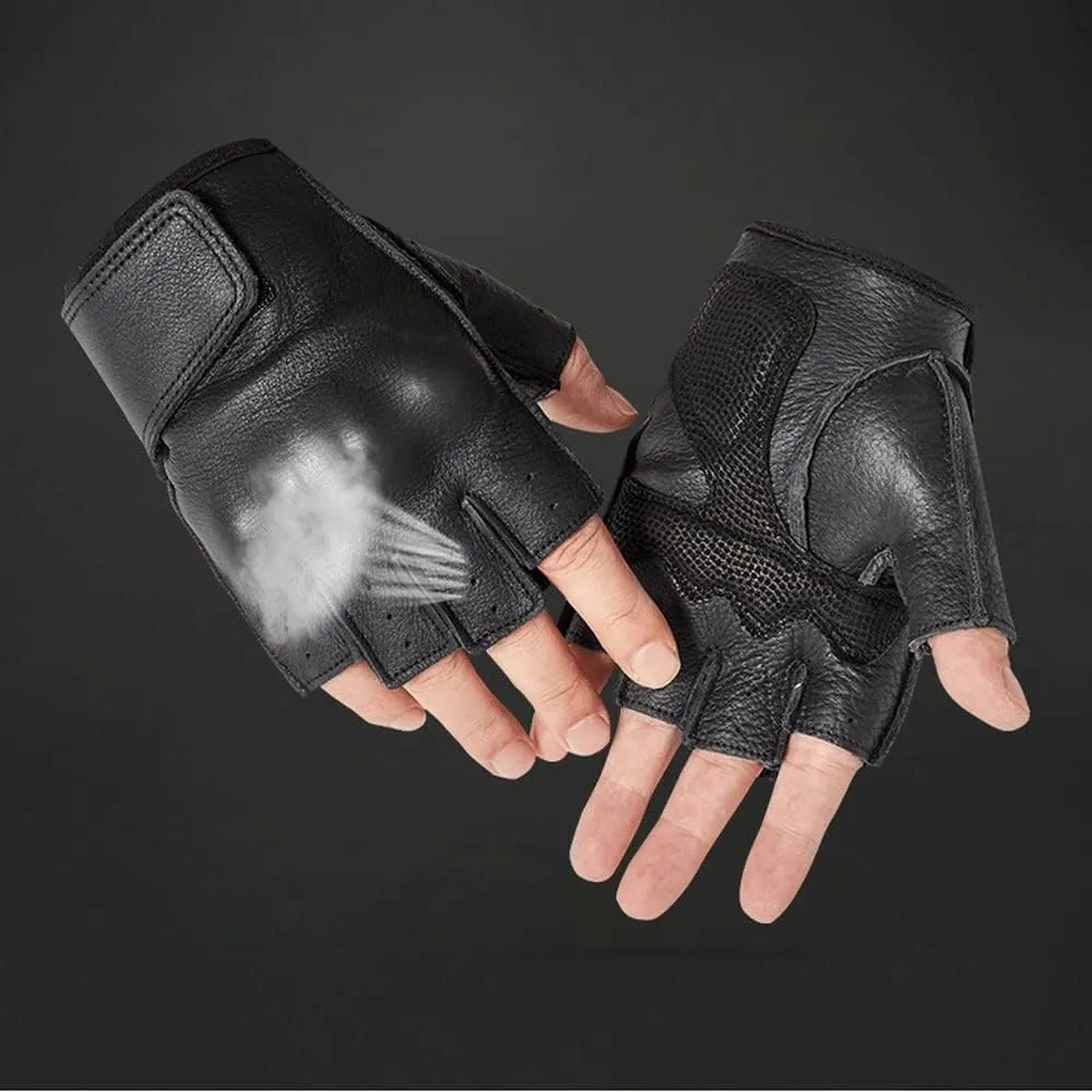 KANDUO Mens Cowhide Leather Gloves Fingerless Half Finger Motorcycle Thin Driving Biking Cycling Gloves (Color : Black, Size : Large)
