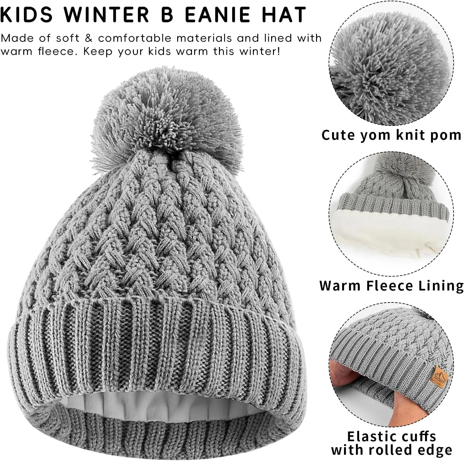 Kids Winter Hat and Gloves Set, Girl Warm Knit Beanie with Pom Fleece Lined for Toddler Boys Girls 1-6 Years