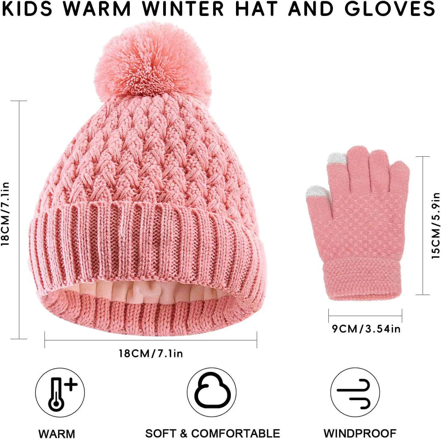 Kids Winter Hat and Gloves Set, Girl Warm Knit Beanie with Pom Fleece Lined for Toddler Boys Girls 1-6 Years