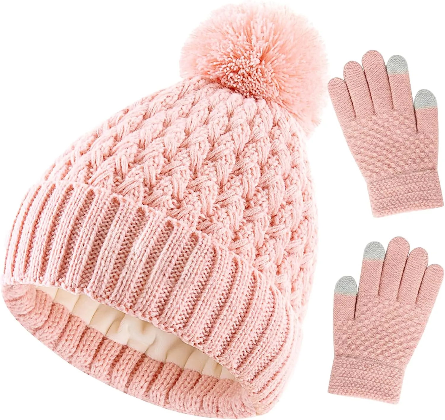 Kids Winter Hat and Gloves Set, Girl Warm Knit Beanie with Pom Fleece Lined for Toddler Boys Girls 1-6 Years