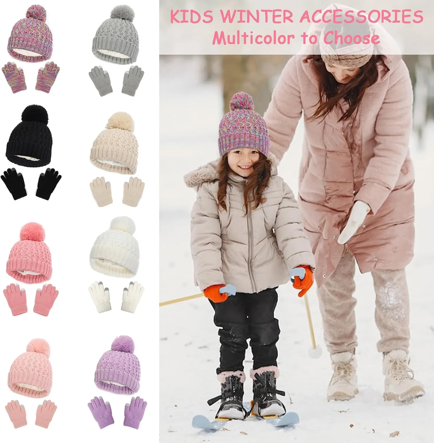 Kids Winter Hat and Gloves Set, Girl Warm Knit Beanie with Pom Fleece Lined for Toddler Boys Girls 1-6 Years