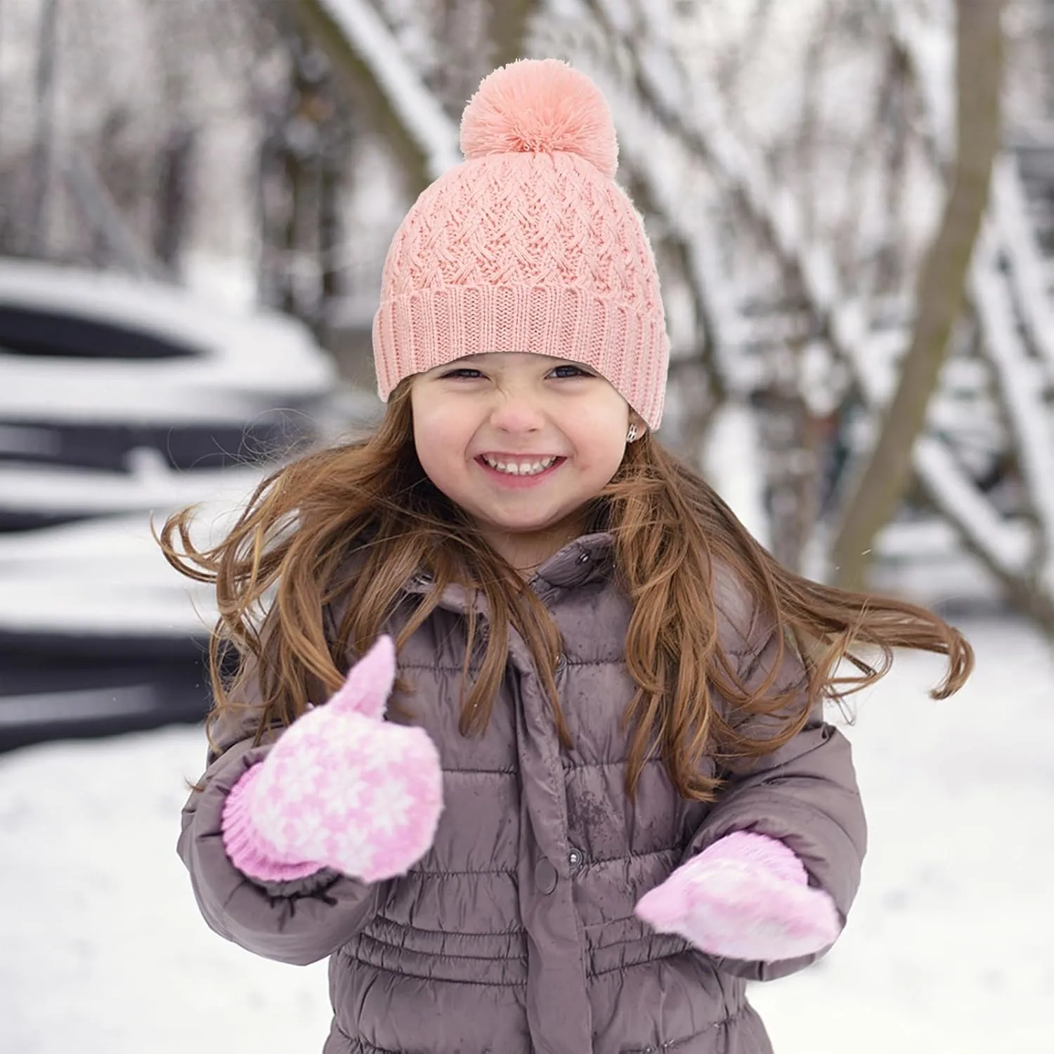 Kids Winter Hat and Gloves Set, Girl Warm Knit Beanie with Pom Fleece Lined for Toddler Boys Girls 1-6 Years