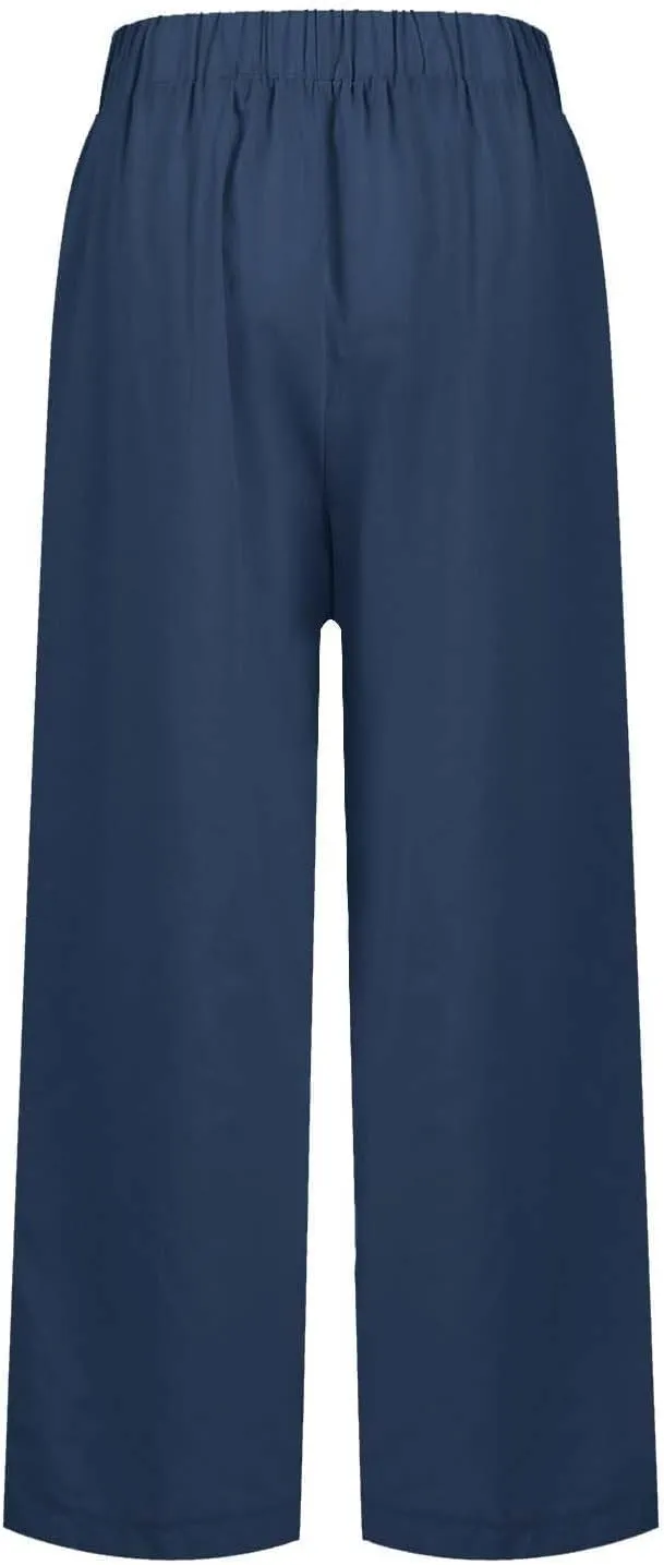 Lightweight Linen Pants for Women Summer Elastic Waisted Straight Leg Pants Casual Loose Fit Solid Color Trousers