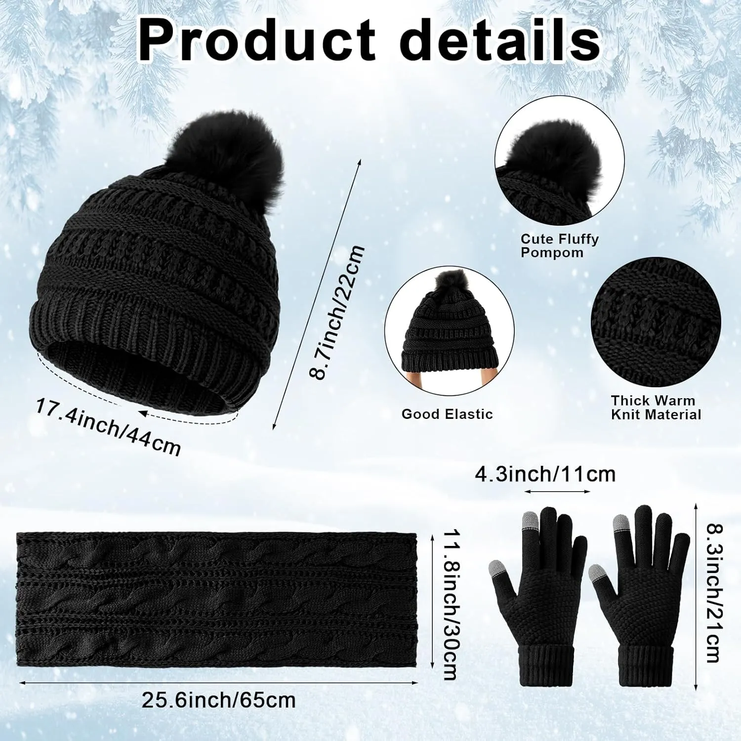 Liitrsh 24 Set Winter Women Pompom Beanie Hat Scarf Glove Set Knitted Cap Neck Warmer Touchscreen Glove Soft Warm Set
