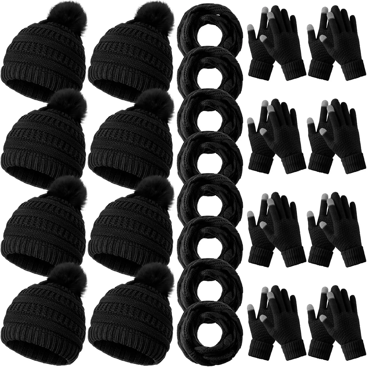 Liitrsh 24 Set Winter Women Pompom Beanie Hat Scarf Glove Set Knitted Cap Neck Warmer Touchscreen Glove Soft Warm Set