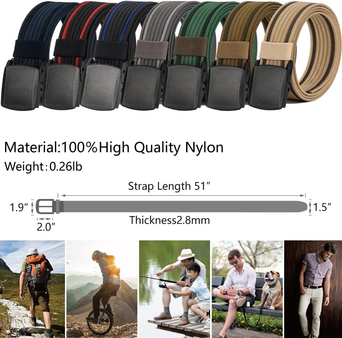 LionVII Nylon Belts Men, Breathable Web Belt with YKK Plastic Buckle Durable for Working, Trim to Fit 28-49" Waist