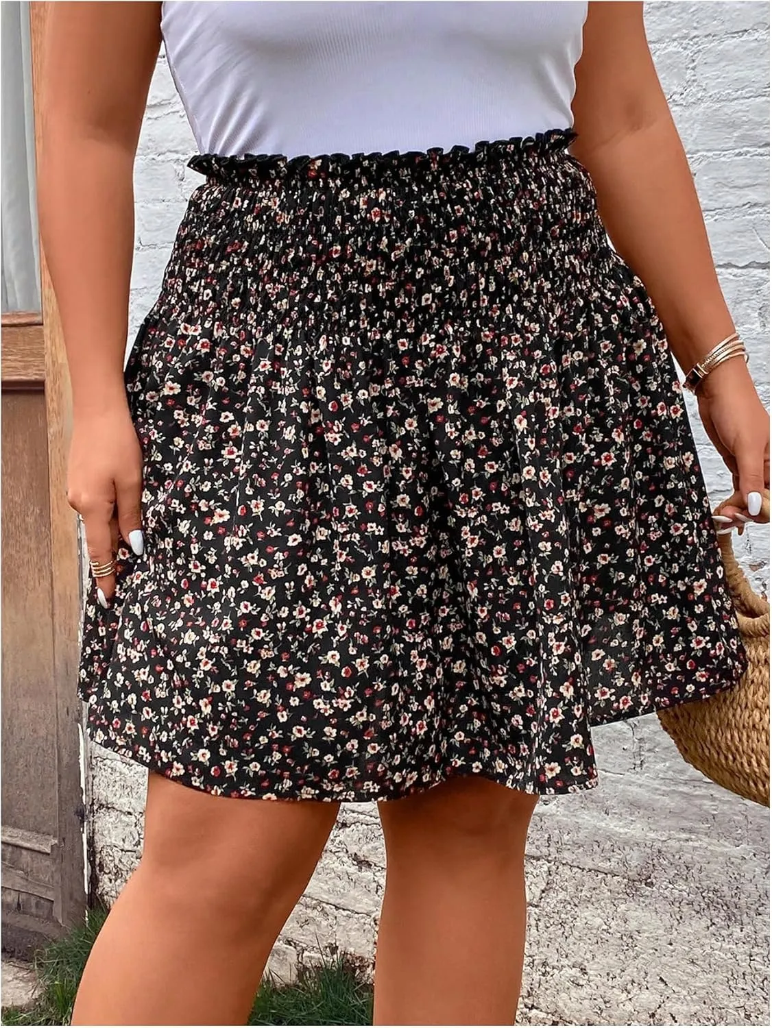 MakeMeChic Women's Plus Size Mini Skirt Ditsy Floral Print Frill Trim Summer A Line Skirt
