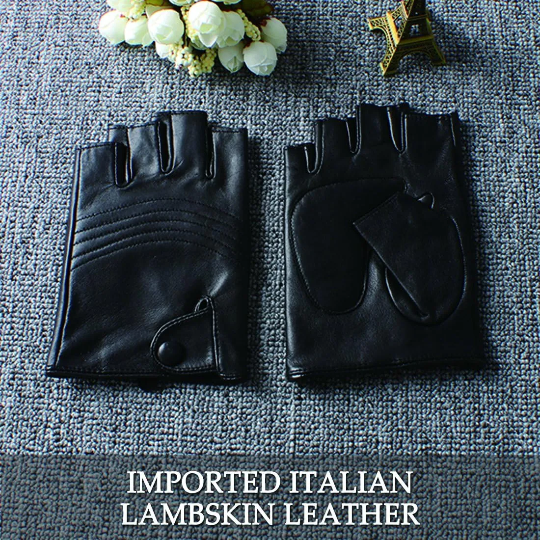 Nappaglo Men's Fingerless Leather Gloves Italian Lambskin Half Finger Driving Cycling Riding Outdoor Thin Gloves