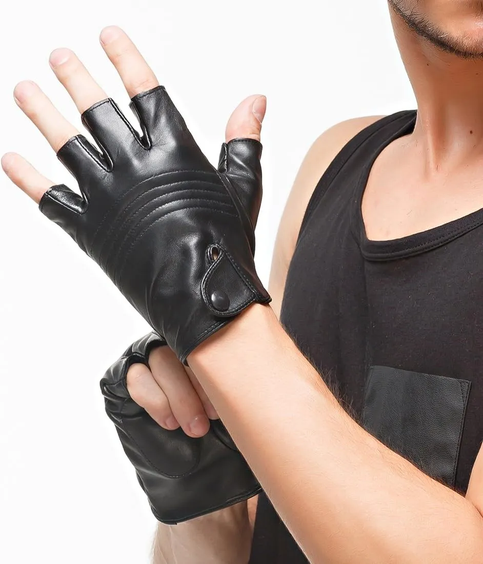 Nappaglo Men's Fingerless Leather Gloves Italian Lambskin Half Finger Driving Cycling Riding Outdoor Thin Gloves