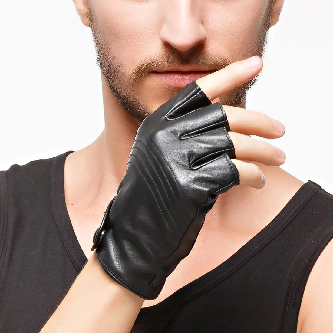 Nappaglo Men's Fingerless Leather Gloves Italian Lambskin Half Finger Driving Cycling Riding Outdoor Thin Gloves