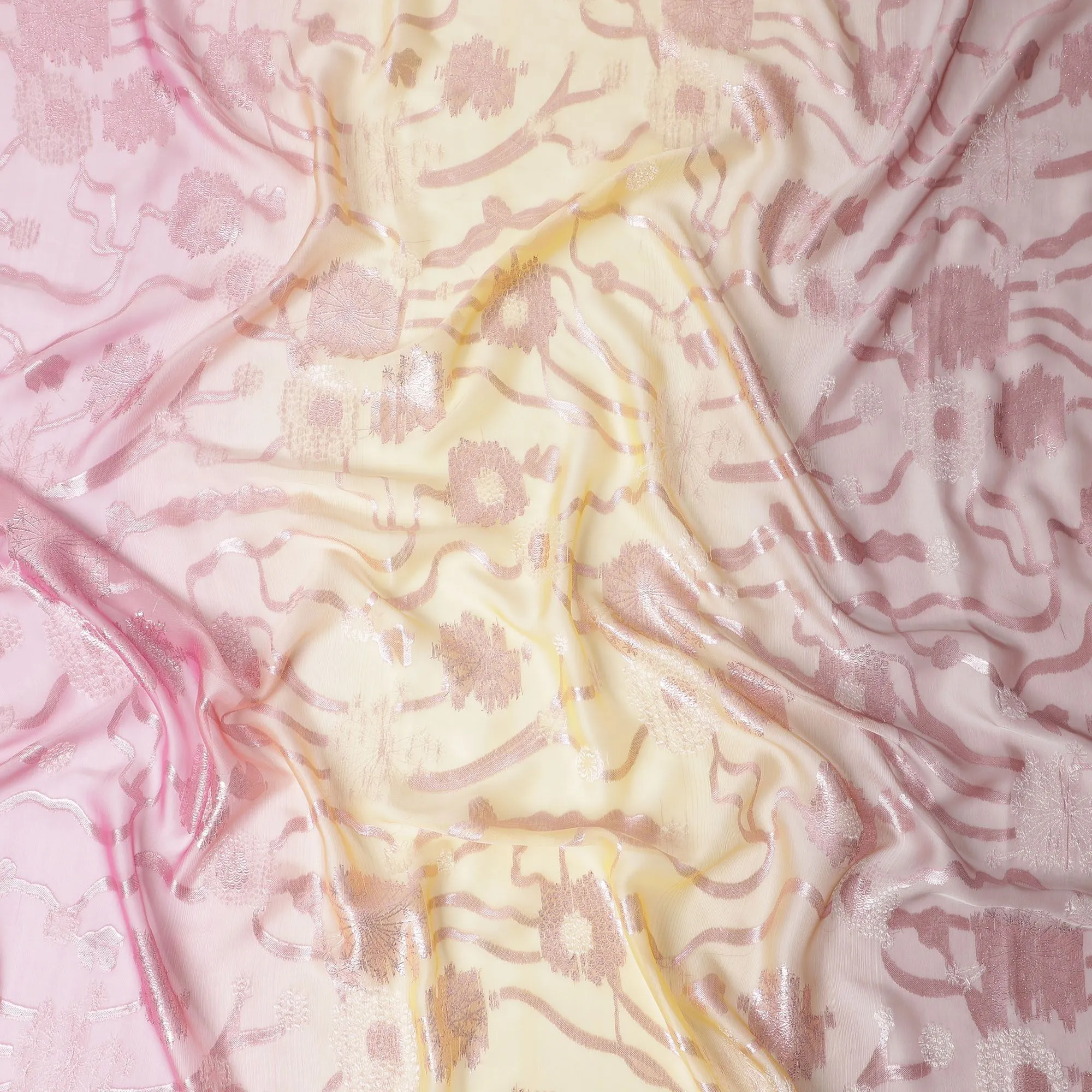 Sunrise Splendor Pure Fransawi Silk Chiffon Fabric with Rose Gold Botanical Accents, 110cm Width - Traditional Garbasaar, Piece of 2.0 Mtrs-D18634