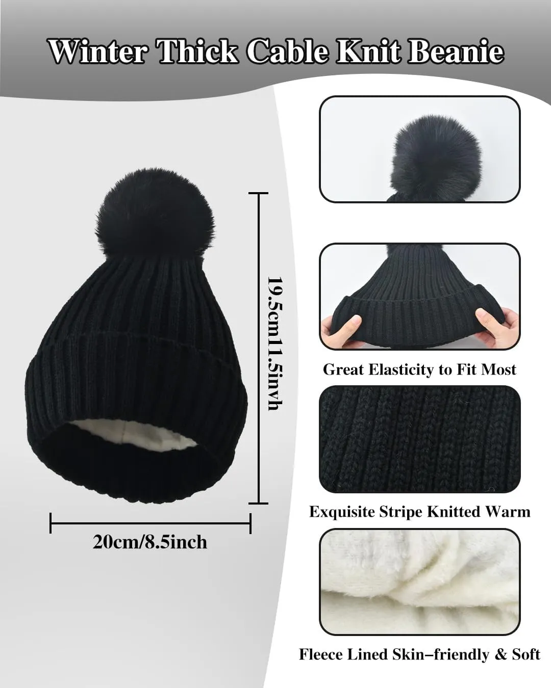 Winter Beanie Hat Scarf Gloves Set for Women, Fleece Knit Pompom Beanie Neck Warmer Long Scarf Touchscreen Gloves 3 in 1 Set