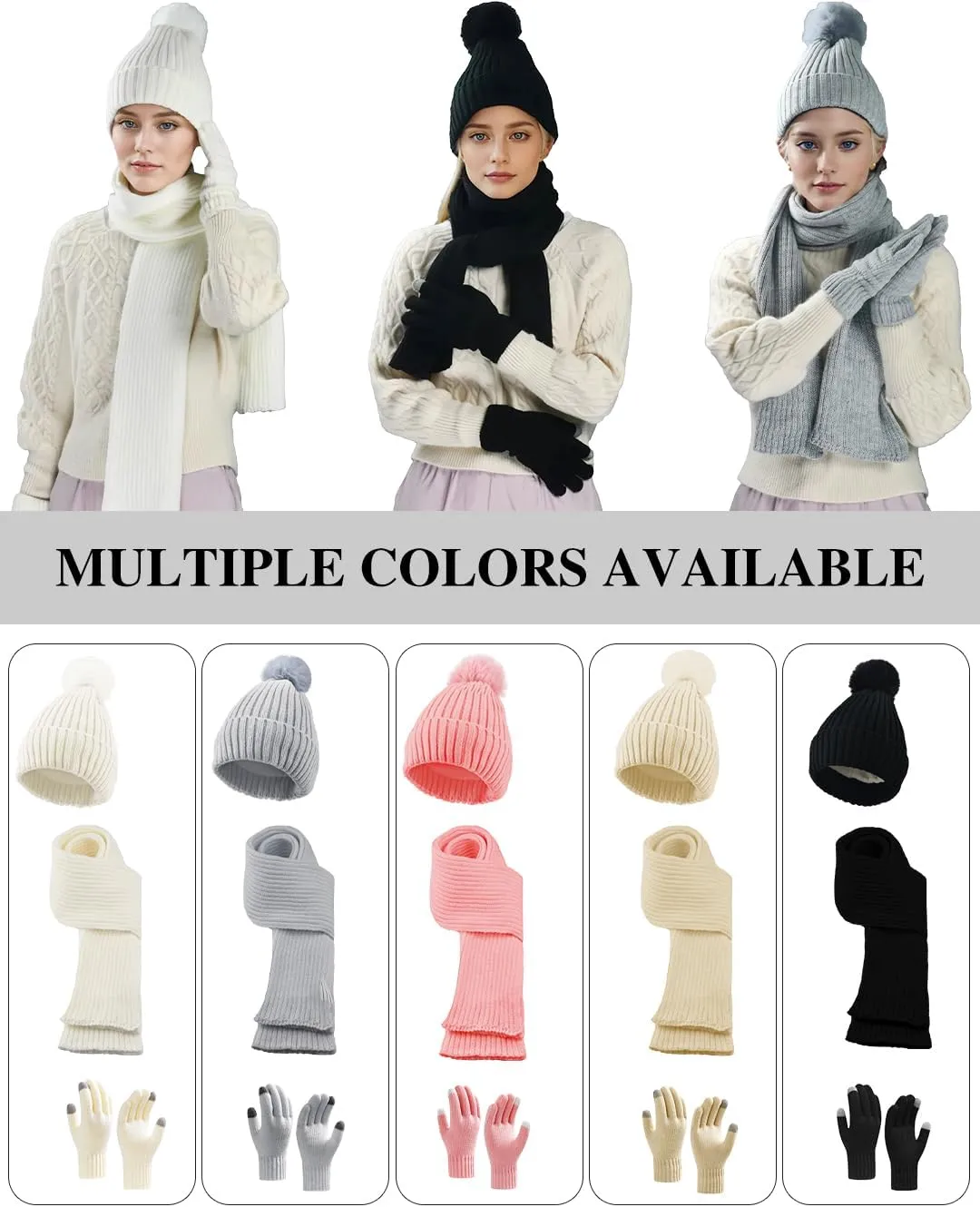 Winter Beanie Hat Scarf Gloves Set for Women, Fleece Knit Pompom Beanie Neck Warmer Long Scarf Touchscreen Gloves 3 in 1 Set
