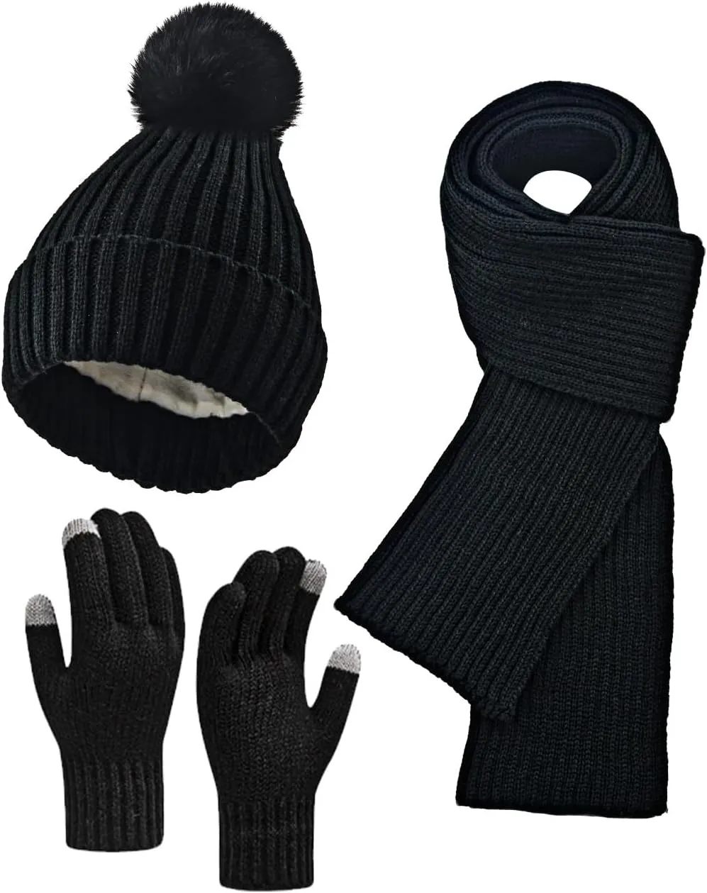 Winter Beanie Hat Scarf Gloves Set for Women, Fleece Knit Pompom Beanie Neck Warmer Long Scarf Touchscreen Gloves 3 in 1 Set