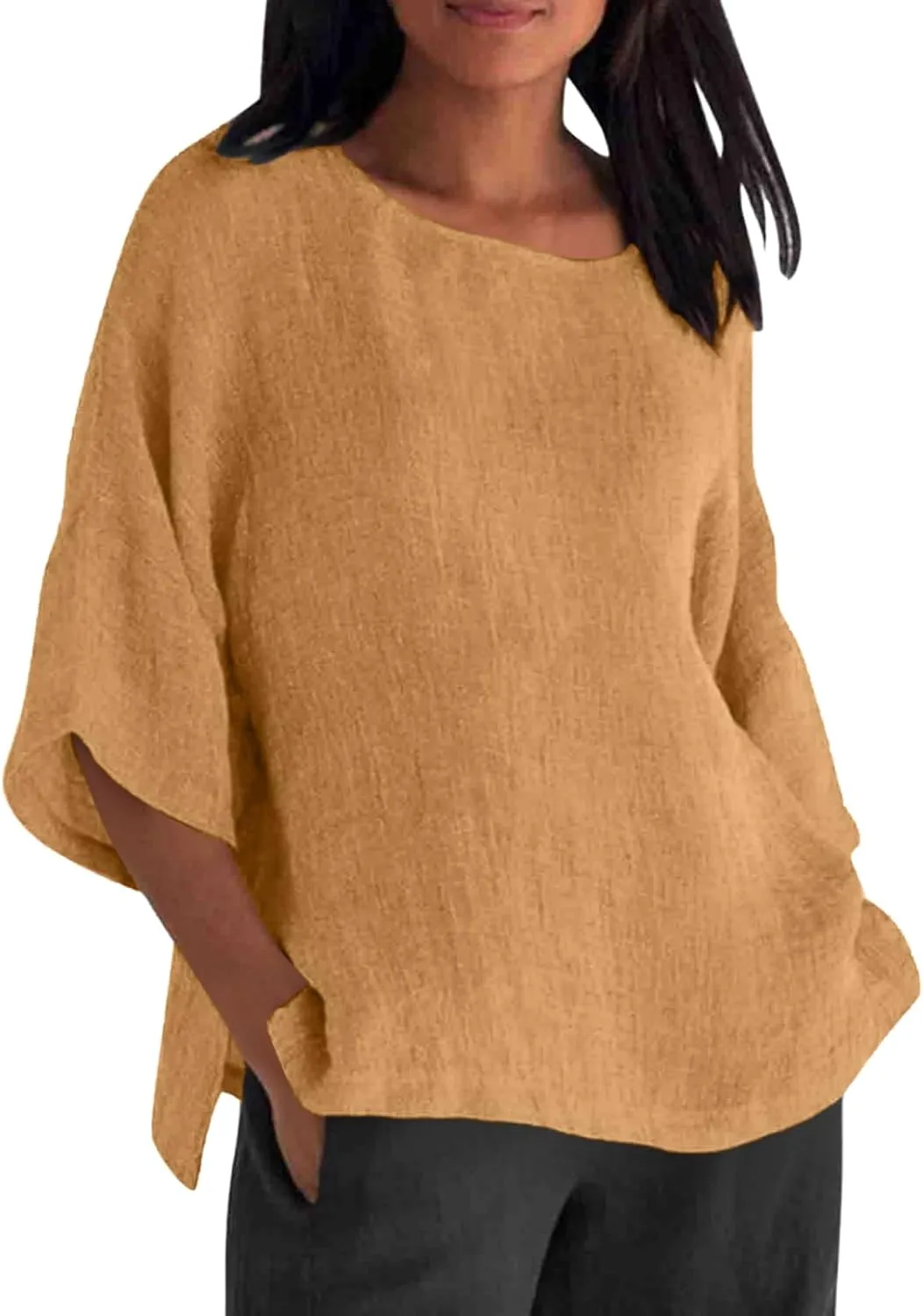 Women Linen T Shirt Casual 3/4 Batwing Sleeve Blouses Solid Color Sun Shirt Loose Pullover Tunic Top