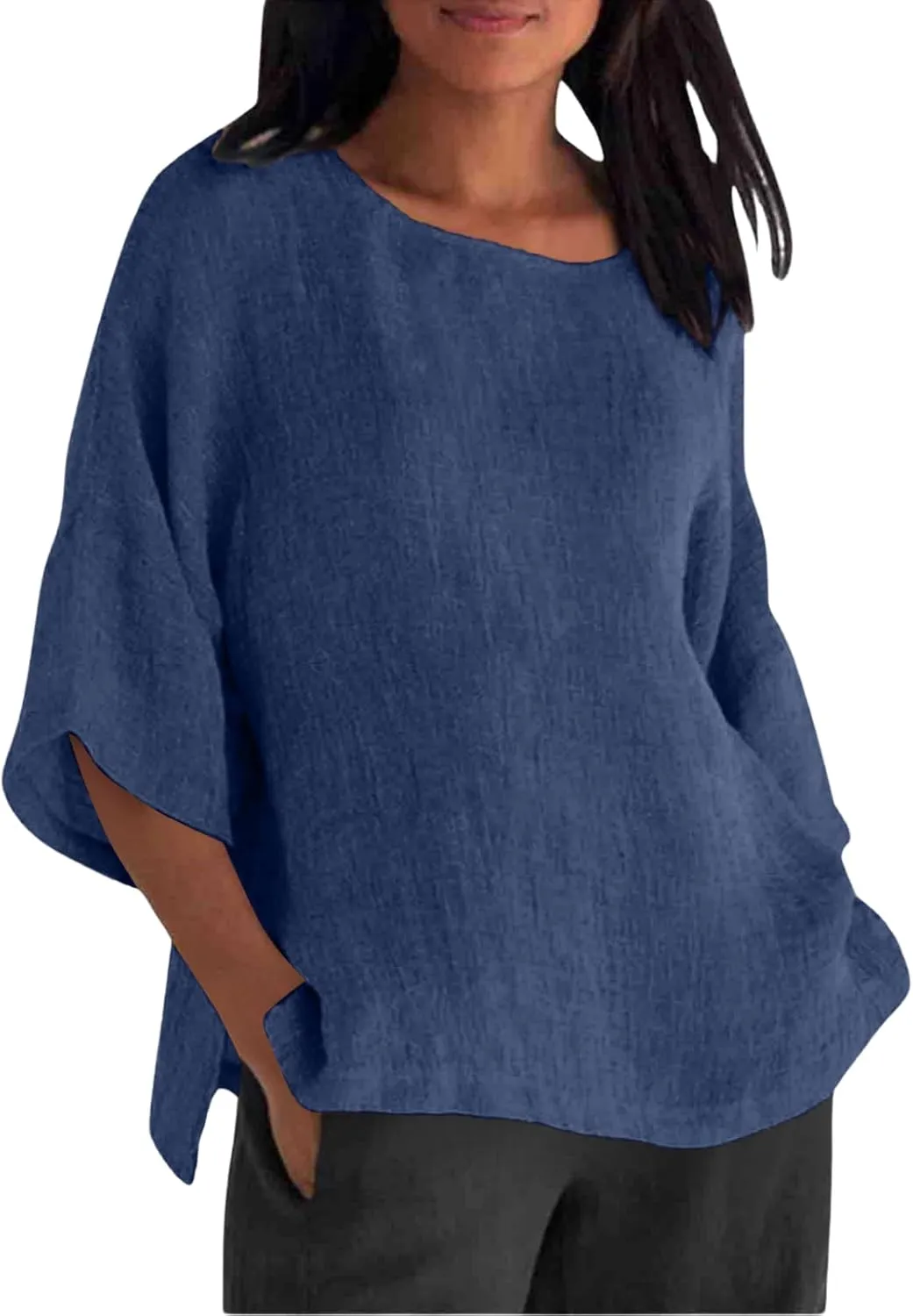 Women Linen T Shirt Casual 3/4 Batwing Sleeve Blouses Solid Color Sun Shirt Loose Pullover Tunic Top