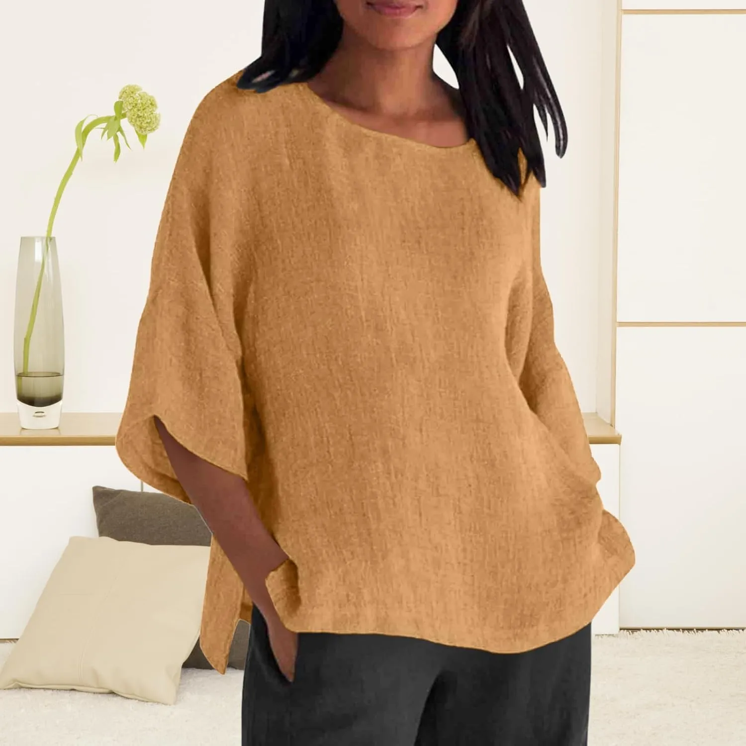 Women Linen T Shirt Casual 3/4 Batwing Sleeve Blouses Solid Color Sun Shirt Loose Pullover Tunic Top