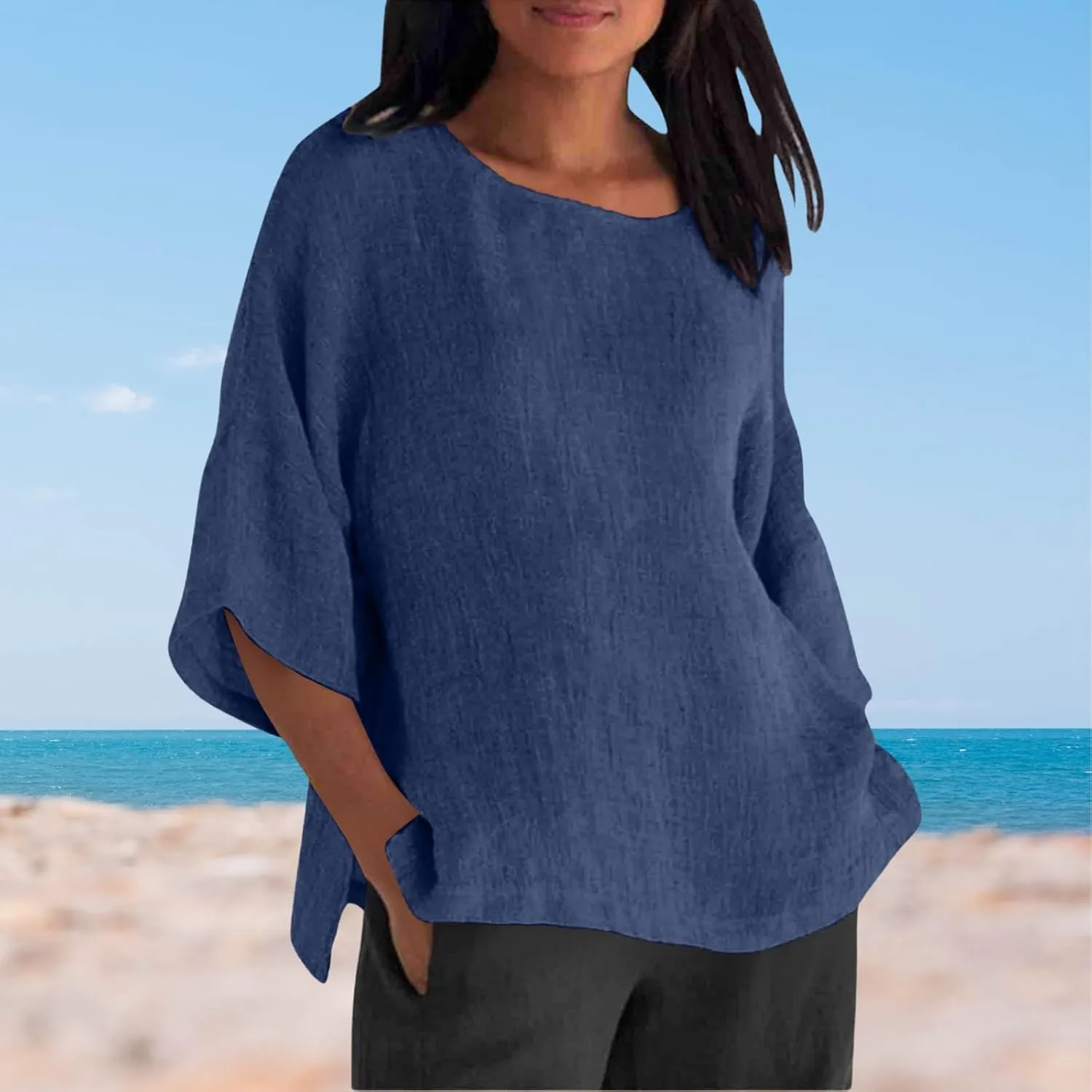 Women Linen T Shirt Casual 3/4 Batwing Sleeve Blouses Solid Color Sun Shirt Loose Pullover Tunic Top