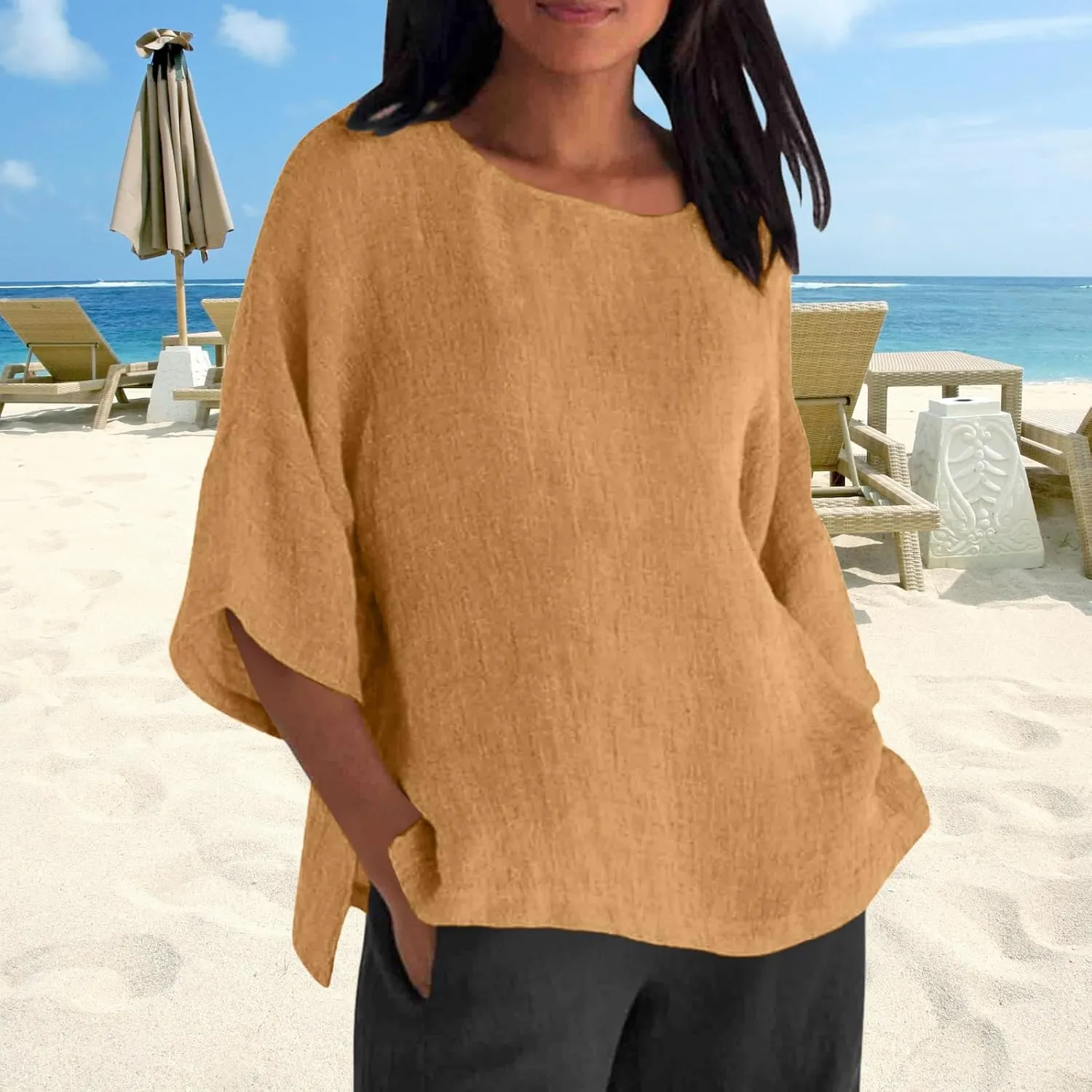 Women Linen T Shirt Casual 3/4 Batwing Sleeve Blouses Solid Color Sun Shirt Loose Pullover Tunic Top