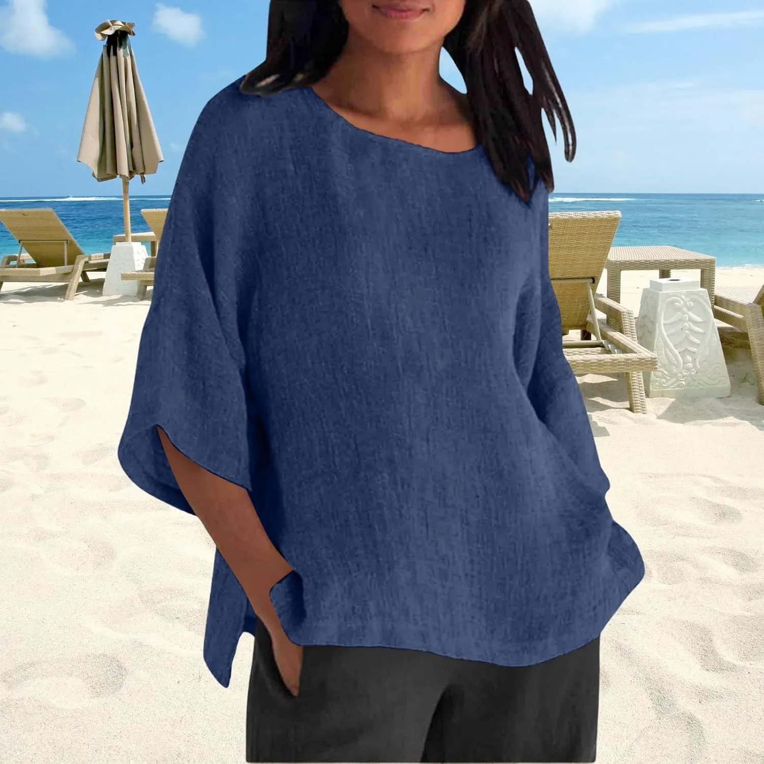 Women Linen T Shirt Casual 3/4 Batwing Sleeve Blouses Solid Color Sun Shirt Loose Pullover Tunic Top