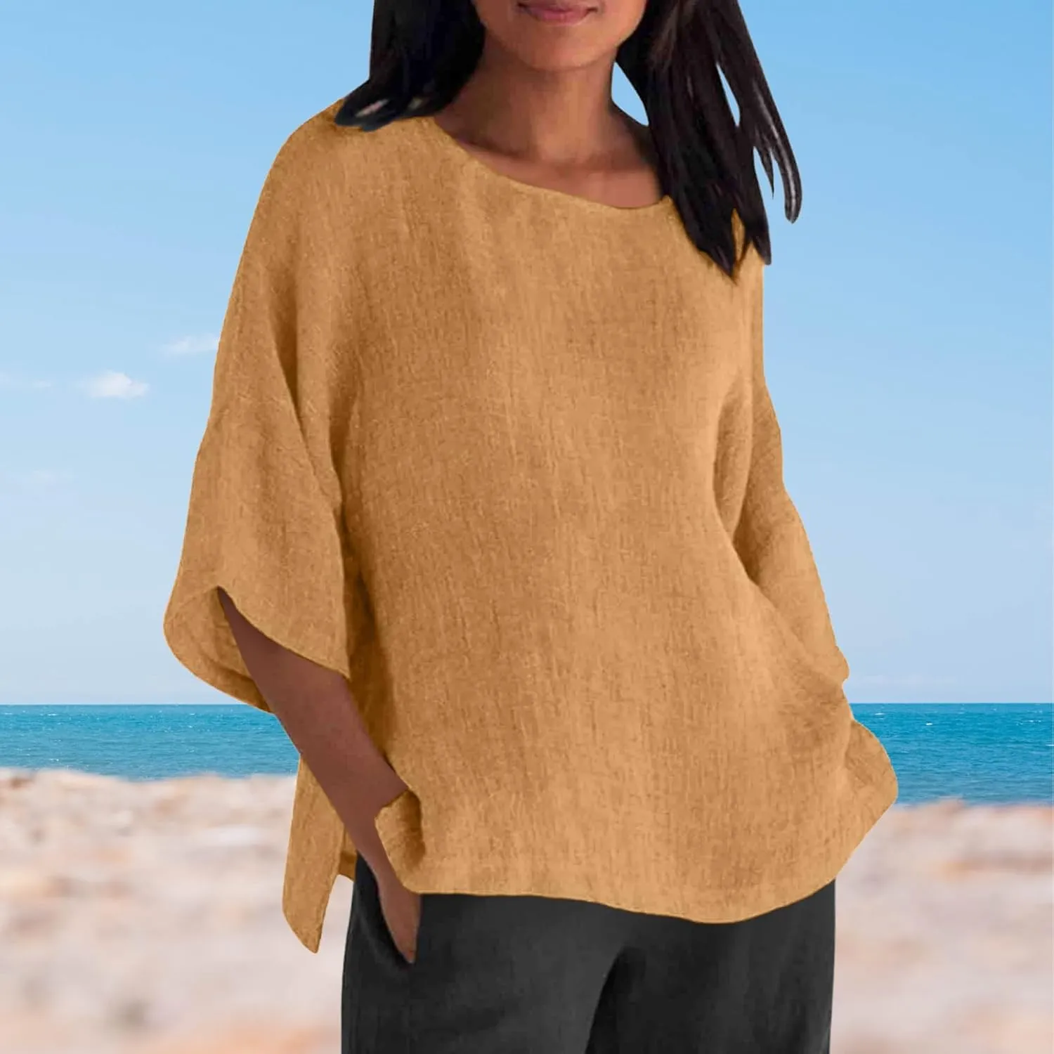 Women Linen T Shirt Casual 3/4 Batwing Sleeve Blouses Solid Color Sun Shirt Loose Pullover Tunic Top