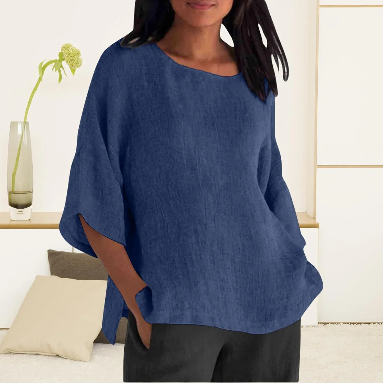 Women Linen T Shirt Casual 3/4 Batwing Sleeve Blouses Solid Color Sun Shirt Loose Pullover Tunic Top