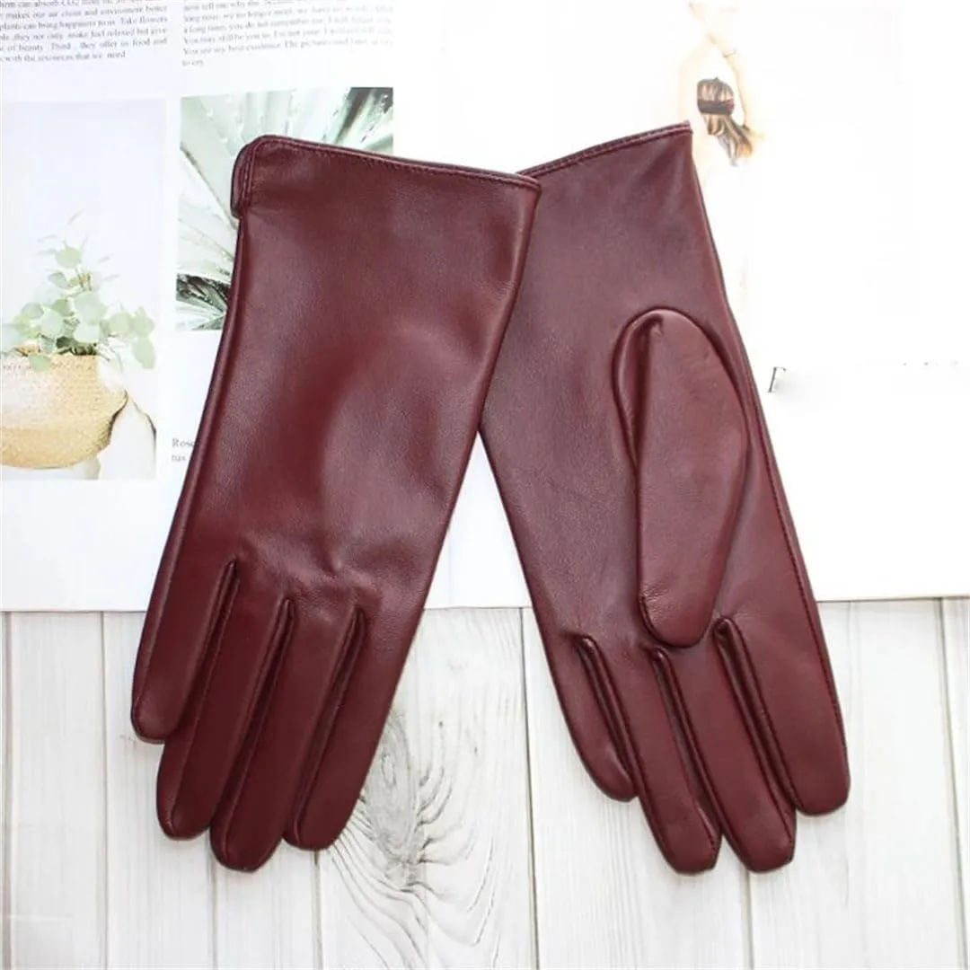 Women Sheepskin Touch Screen Gloves Single Leather Thin Unlined Classic Solid Straight Driving Gloves