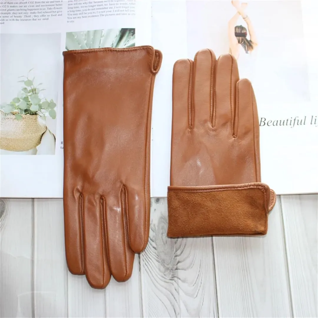 Women Sheepskin Touch Screen Gloves Single Leather Thin Unlined Classic Solid Straight Driving Gloves