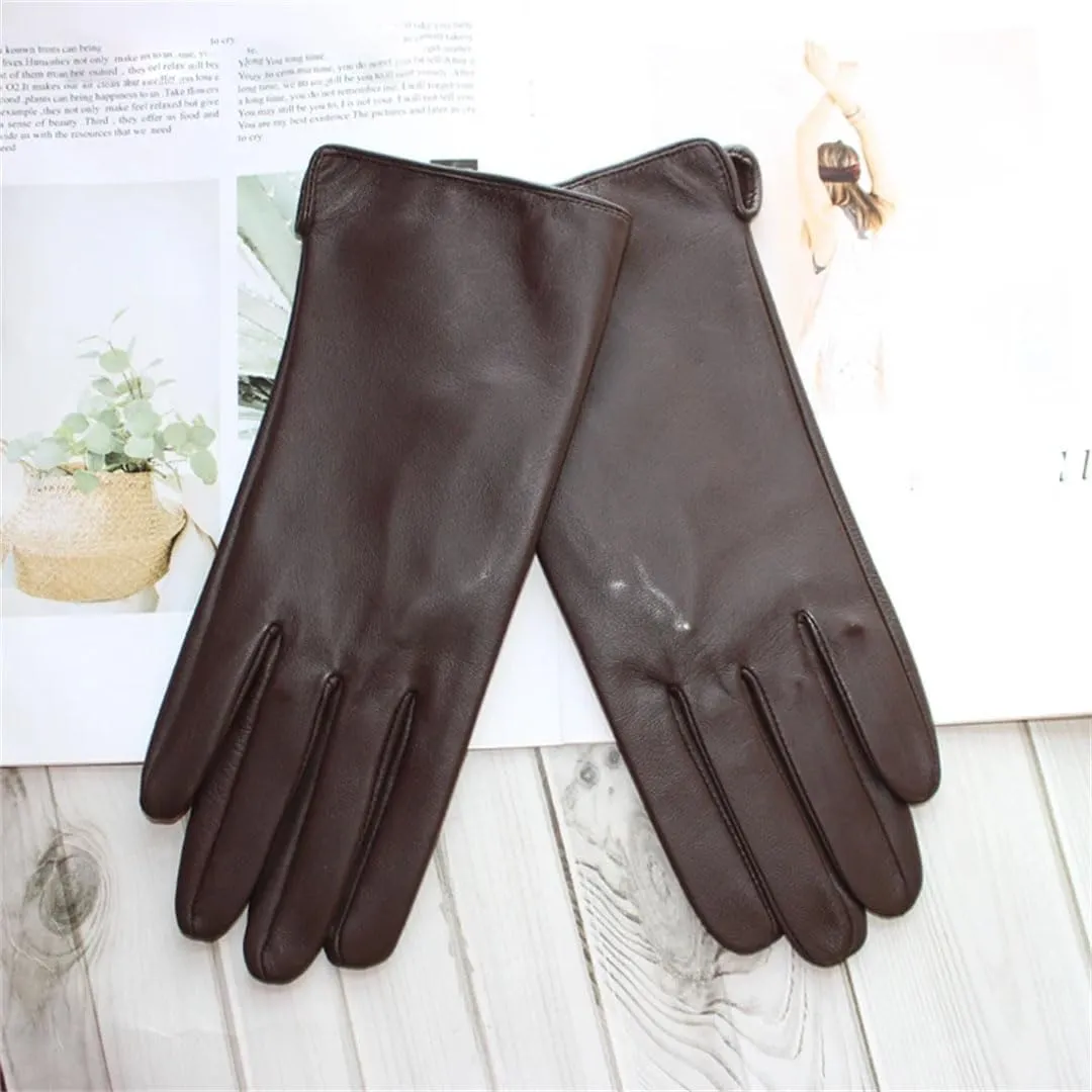 Women Sheepskin Touch Screen Gloves Single Leather Thin Unlined Classic Solid Straight Driving Gloves